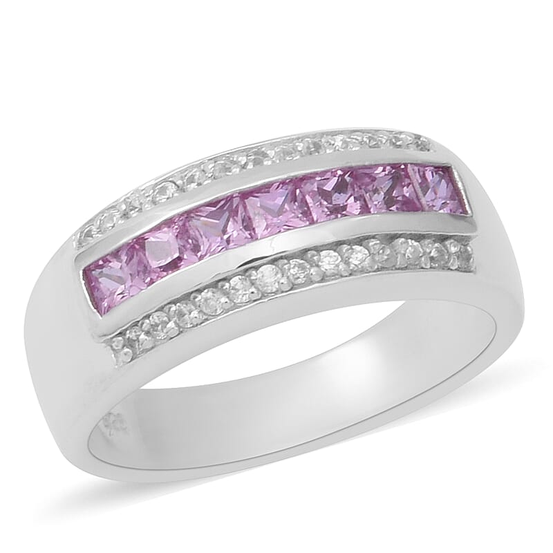 Pink Sapphire and White Zircon 1.15 ctw Ring in Platinum Over Sterling Silver (Size 6.5)