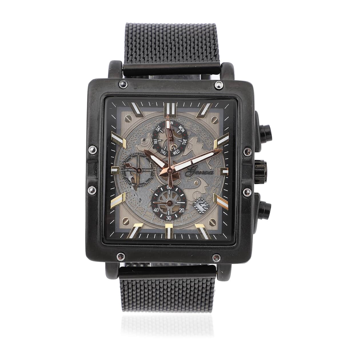 GENOA Six-Pin Multifunctional Movement Watch in ION Plated Black Over Stainless Steel Mesh Strap image number 0