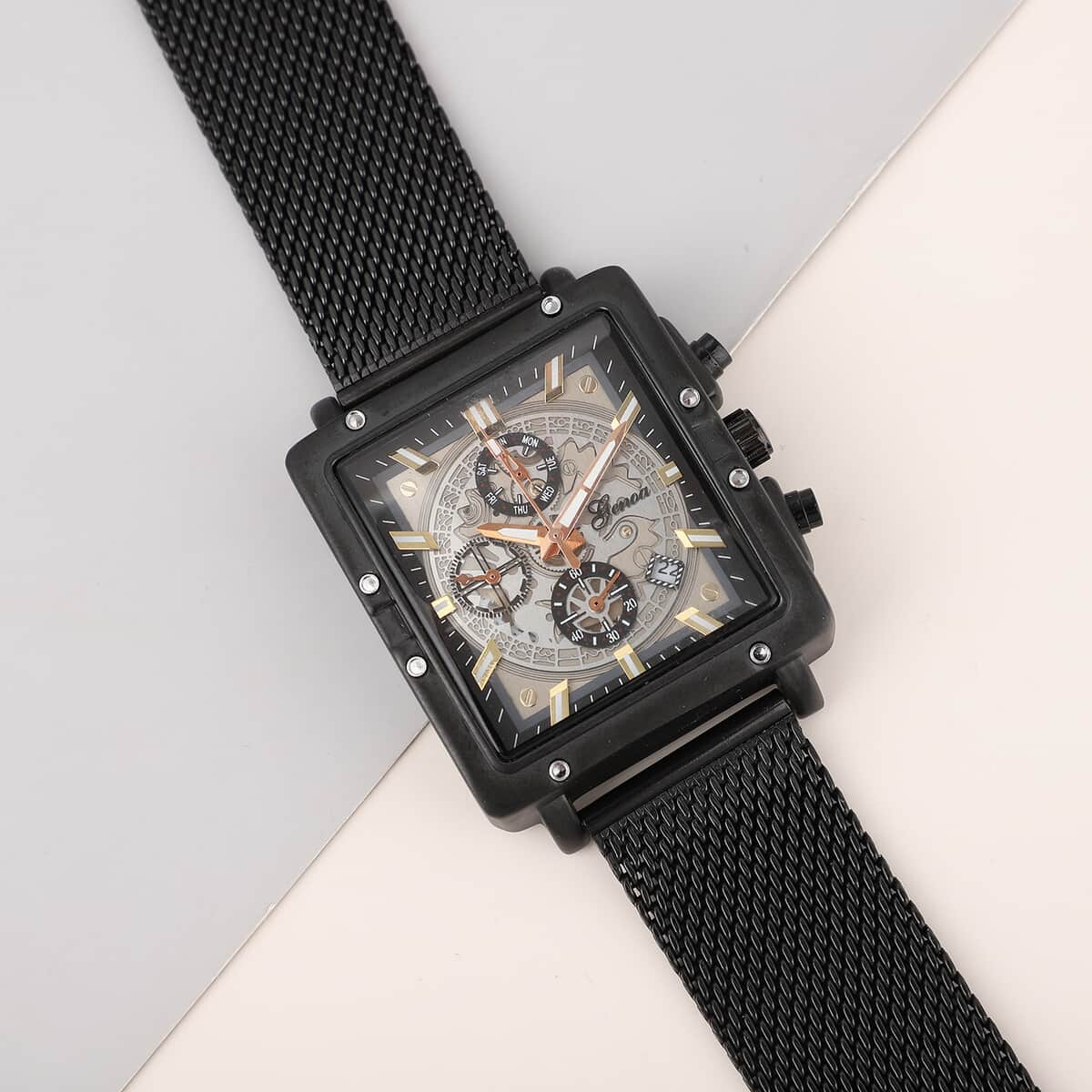 GENOA Six-Pin Multifunctional Movement Watch in ION Plated Black Over Stainless Steel Mesh Strap image number 1