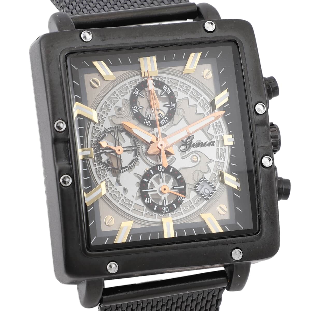 GENOA Six-Pin Multifunctional Movement Watch in ION Plated Black Over Stainless Steel Mesh Strap image number 3