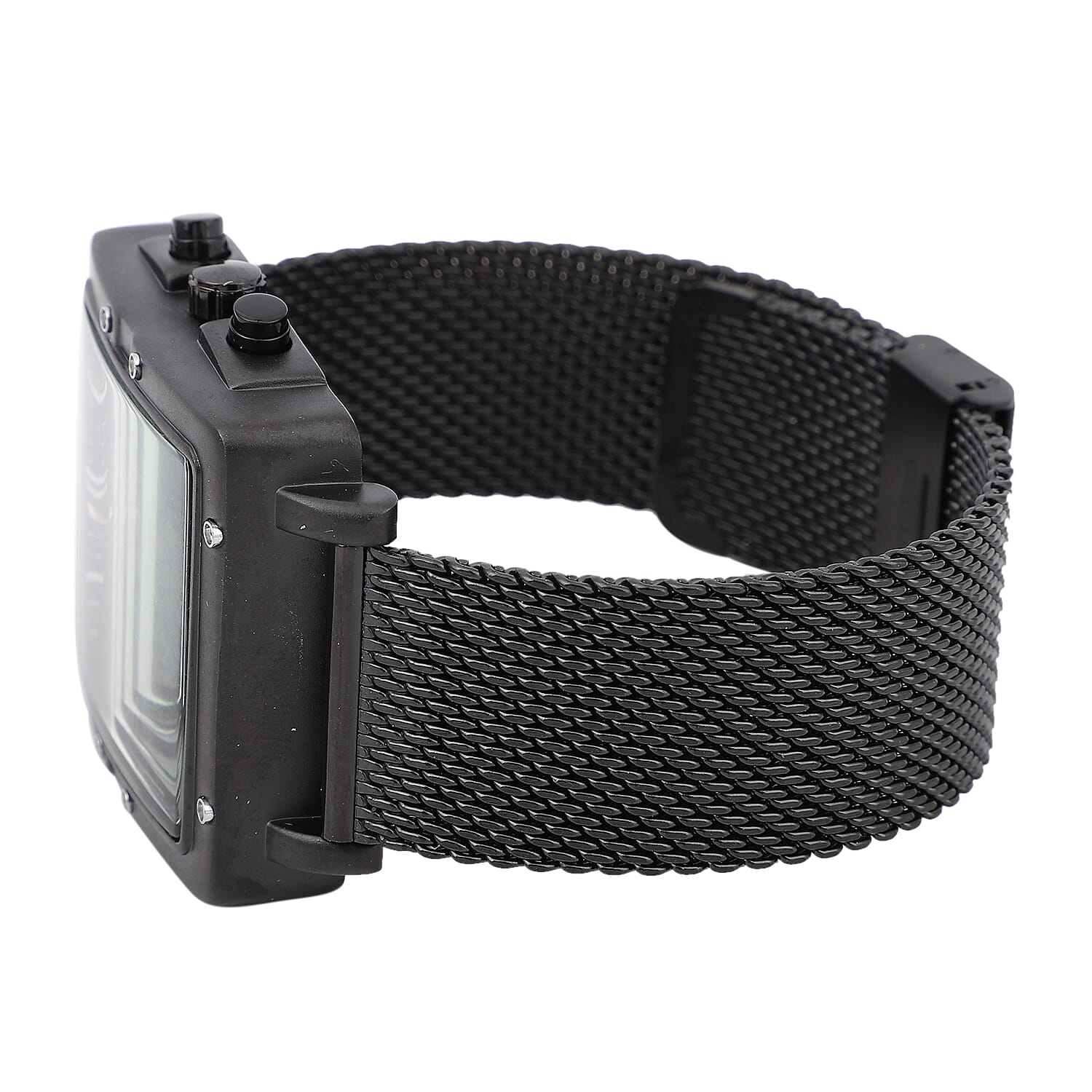 Genoa Six-Pin Multifunctional Movement Watch in ION Plated Black Over Stainless Steel Mesh Strap