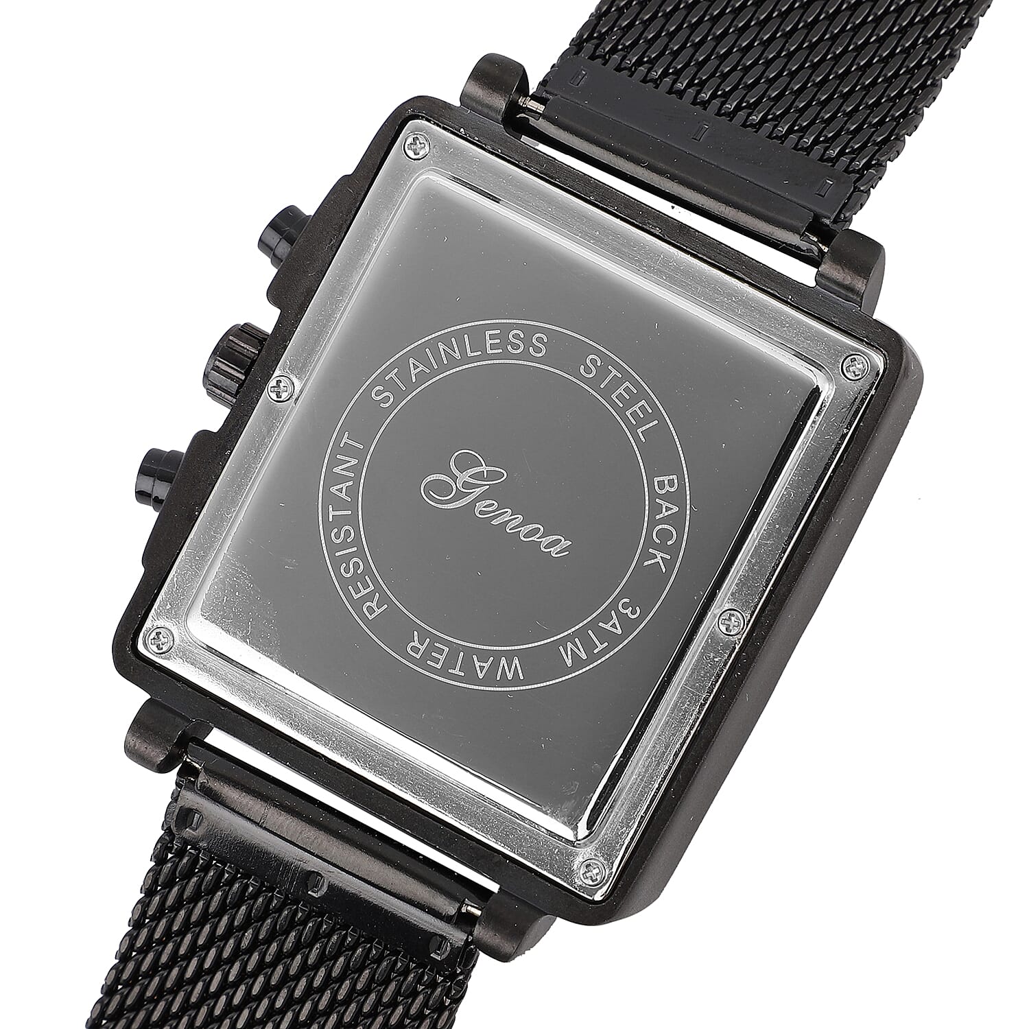 Genoa Six-Pin Multifunctional Movement Watch in ION Plated Black Over Stainless Steel Mesh Strap