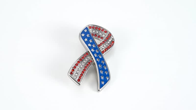 Red and White Austrian Crystal American Flag Ribbon Brooch in Stainless Steel, Tarnish-Free, Waterproof, Sweat Proof Jewelry
