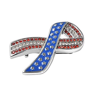 Red and White Austrian Crystal American Flag Ribbon Brooch in Stainless Steel, Tarnish-Free, Waterproof, Sweat Proof Jewelry