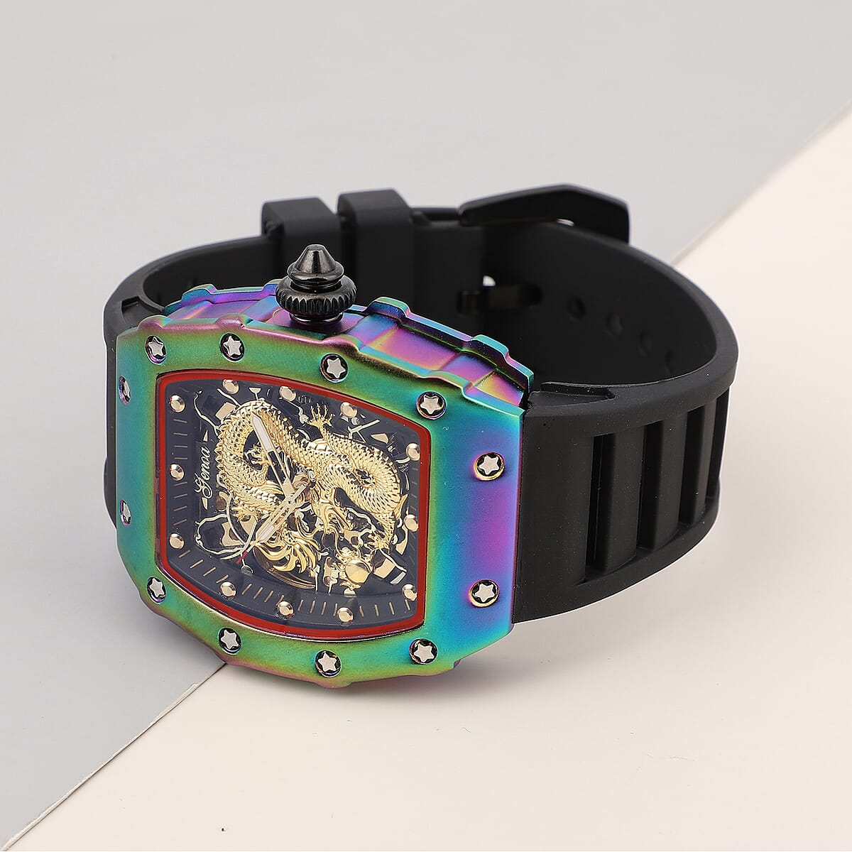 CHINESE NEW YEAR SPECIAL Genoa Automatic Mechanical Movement Golden Dragon Dial Watch with Black Silicone Band and Glass Back image number 1