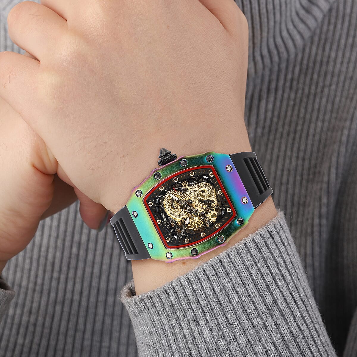 CHINESE NEW YEAR SPECIAL Genoa Automatic Mechanical Movement Golden Dragon Dial Watch with Black Silicone Band and Glass Back image number 2