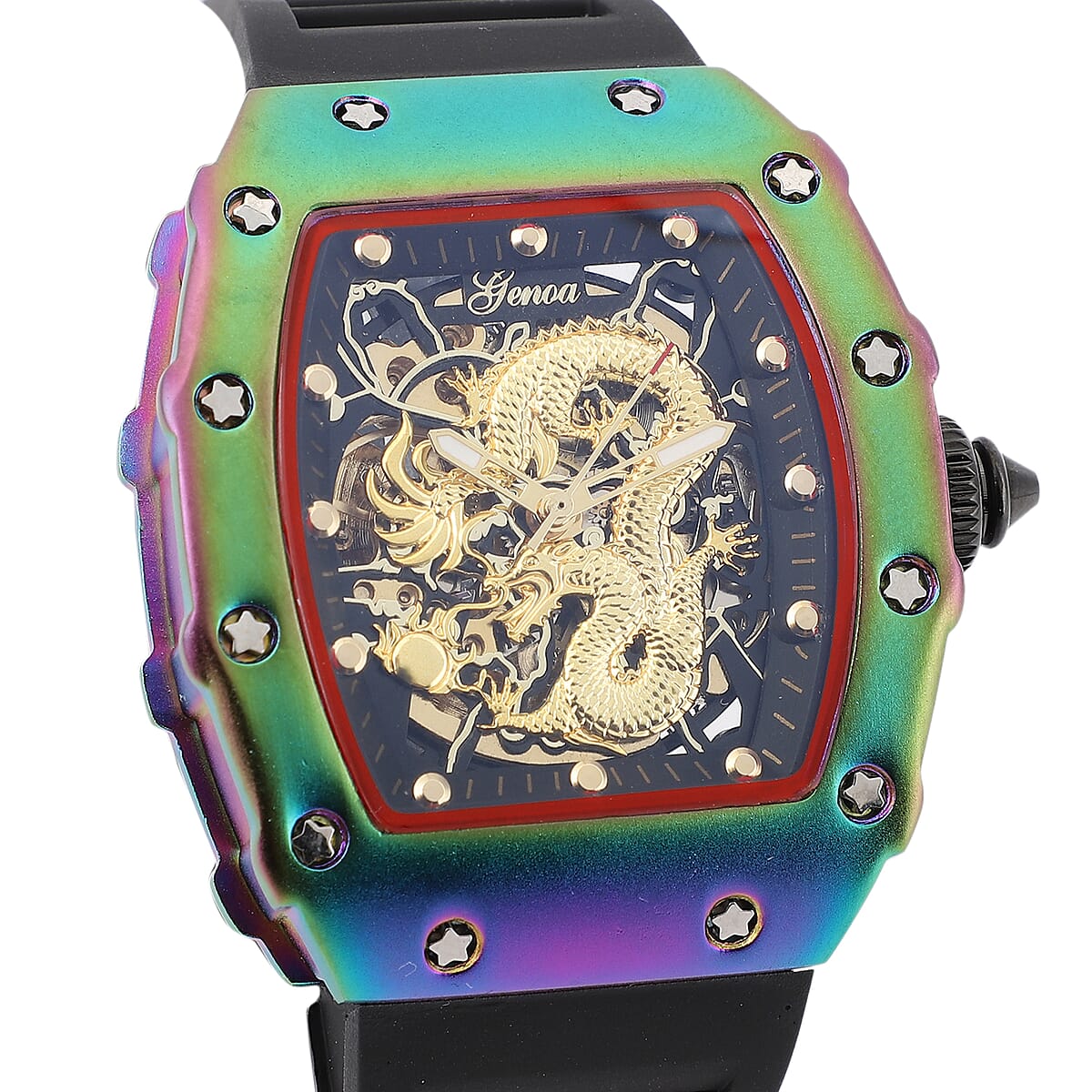 CHINESE NEW YEAR SPECIAL Genoa Automatic Mechanical Movement Golden Dragon Dial Watch with Black Silicone Band and Glass Back image number 3