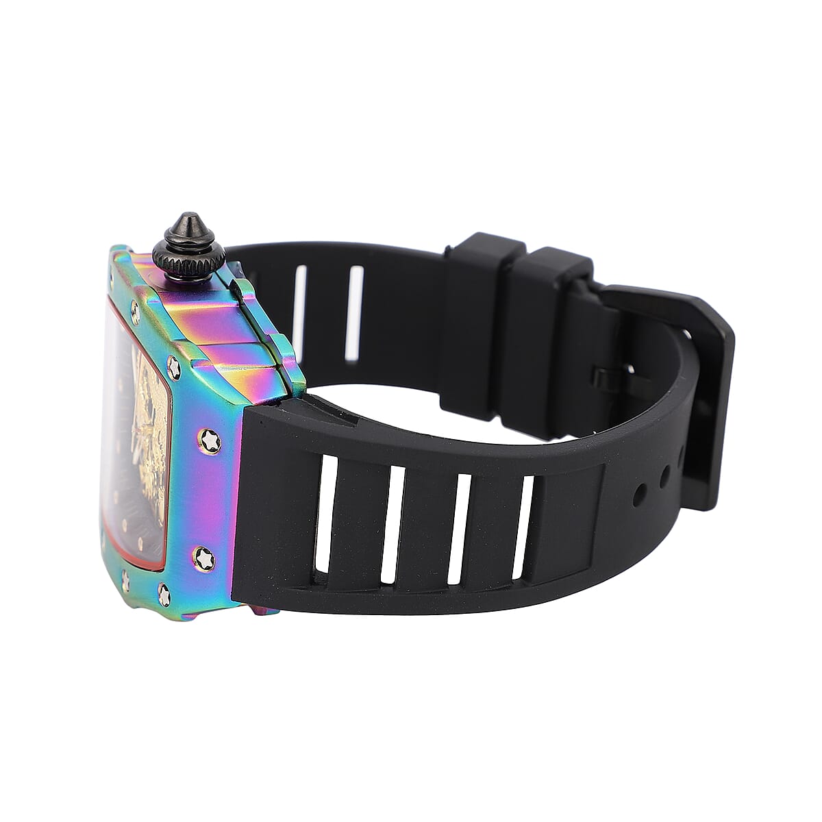 CHINESE NEW YEAR SPECIAL Genoa Automatic Mechanical Movement Golden Dragon Dial Watch with Black Silicone Band and Glass Back image number 4