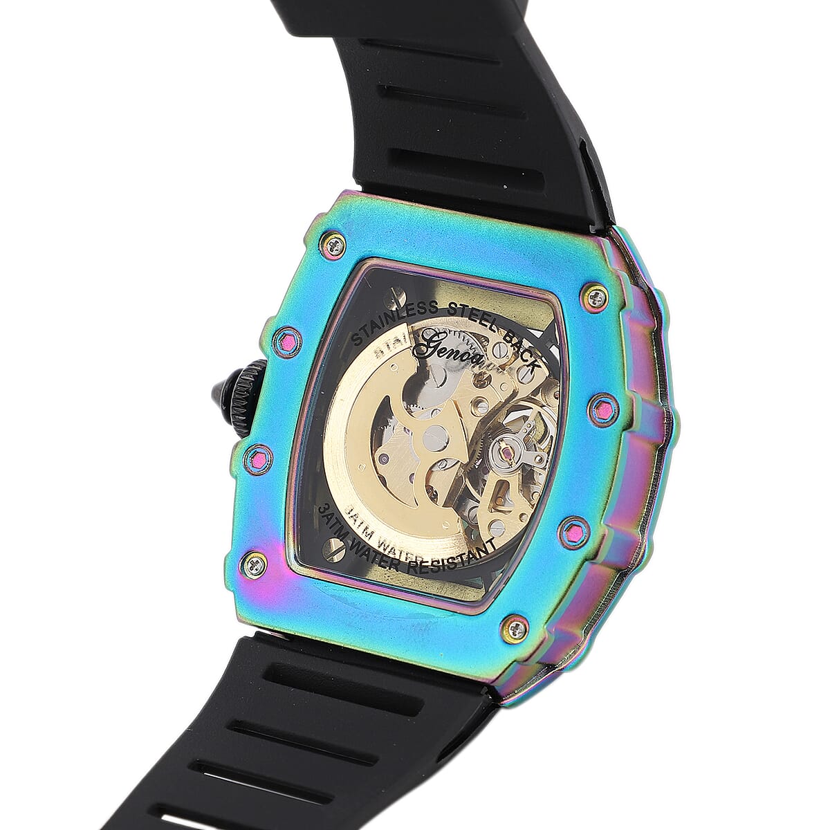 CHINESE NEW YEAR SPECIAL Genoa Automatic Mechanical Movement Golden Dragon Dial Watch with Black Silicone Band and Glass Back image number 5