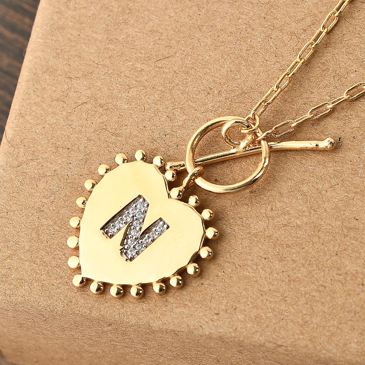 Lolos Exclusive Pick's Natural White Zircon Initial N Heart Toggle Clasp Pendant Necklace 18 Inches in Vermeil Yellow Gold Over Sterling Silver image number 1