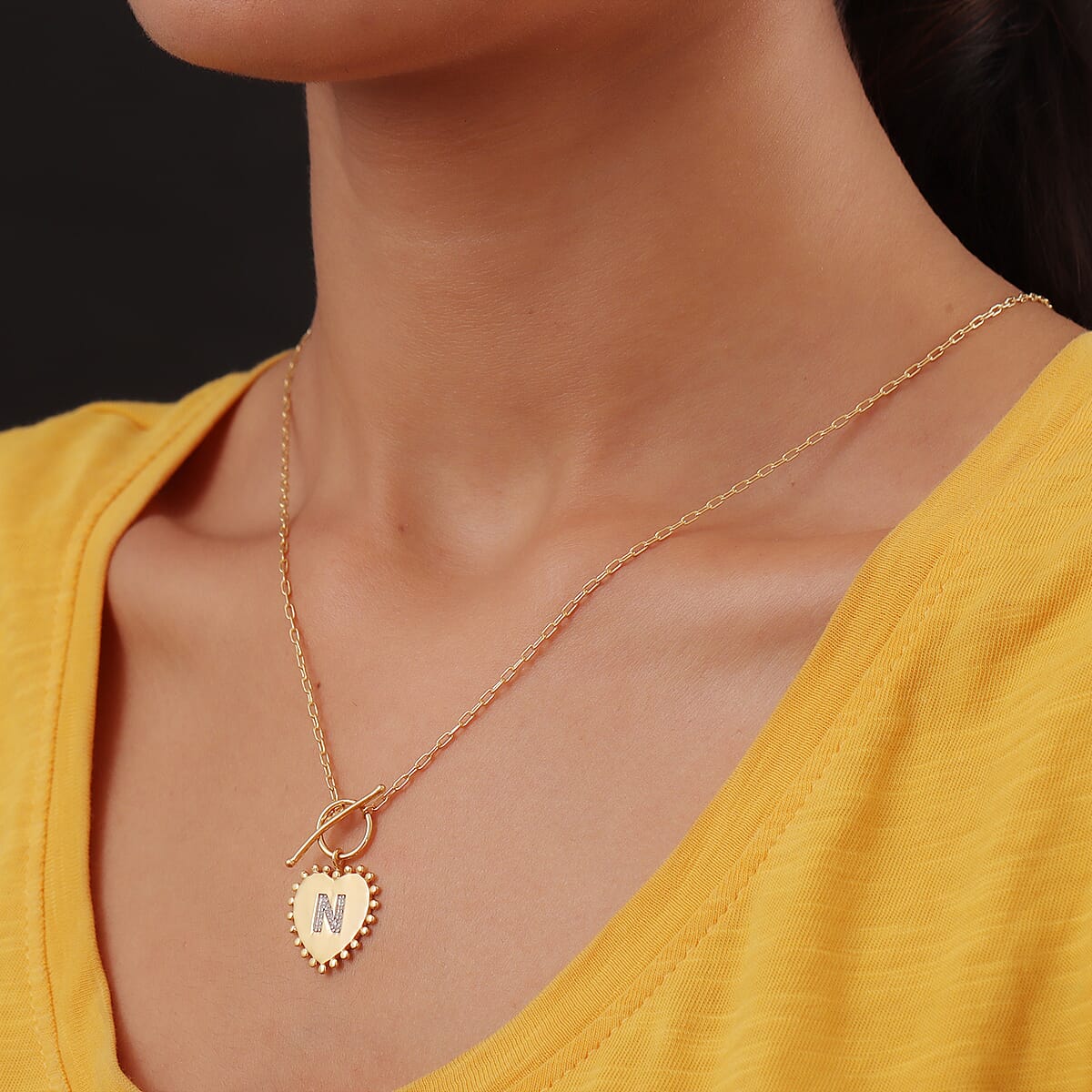 Lolos Exclusive Pick's Natural White Zircon Initial N Heart Toggle Clasp Pendant Necklace 18 Inches in Vermeil Yellow Gold Over Sterling Silver image number 2