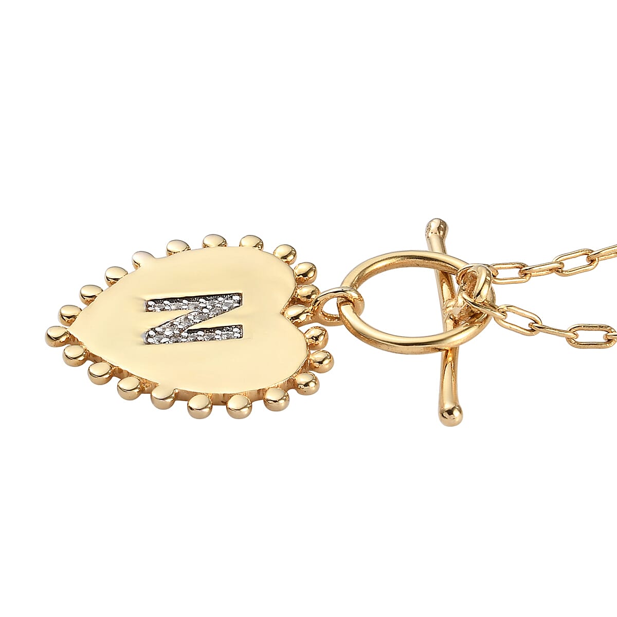 Lolos Exclusive Pick's Natural White Zircon Initial N Heart Toggle Clasp Pendant Necklace 18 Inches in Vermeil Yellow Gold Over Sterling Silver image number 3