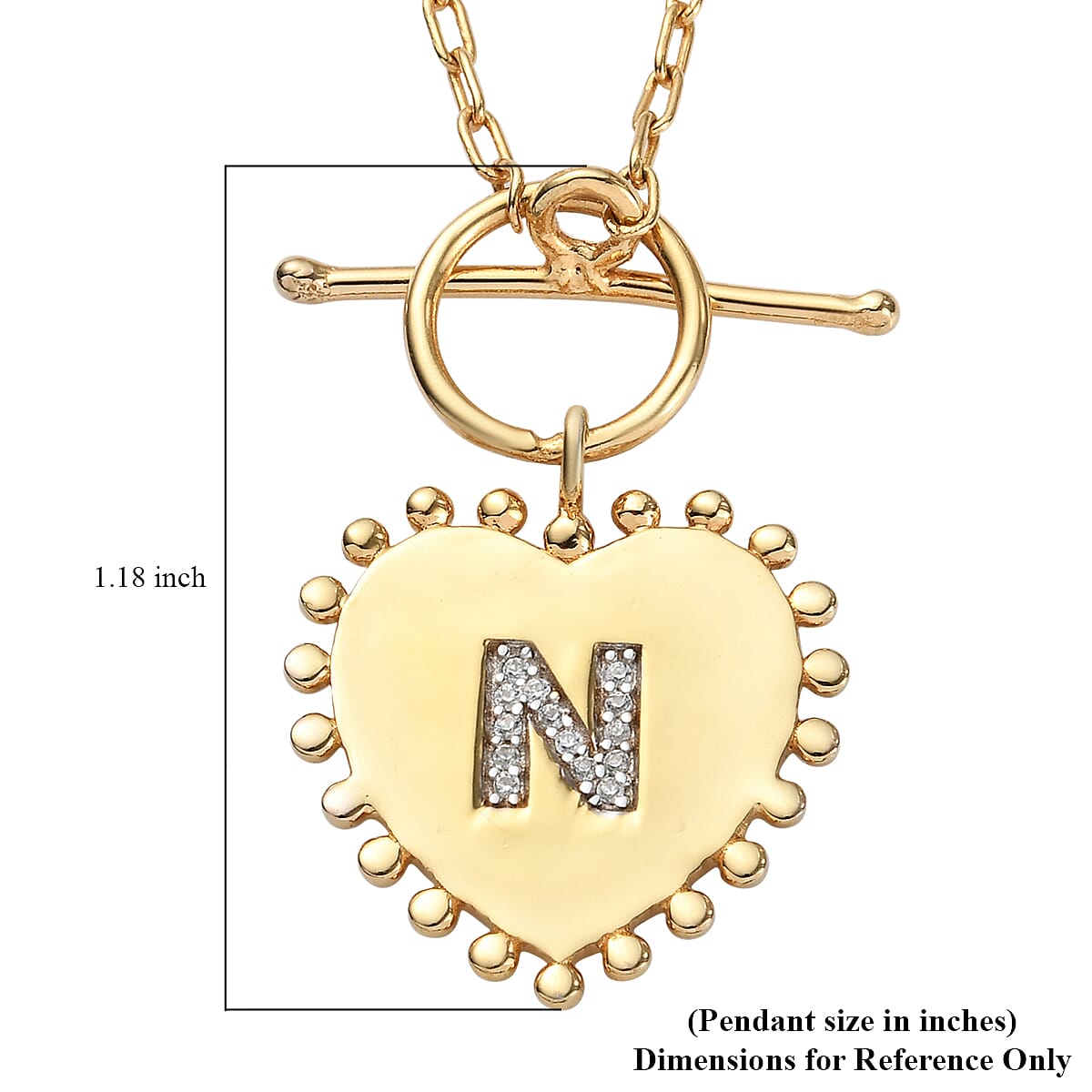 Lolos Exclusive Pick's Natural White Zircon Initial N Heart Toggle Clasp Pendant Necklace 18 Inches in Vermeil Yellow Gold Over Sterling Silver image number 5