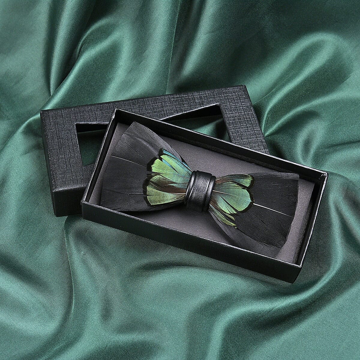 Black & Green Faux Leather Feather Bowtie image number 1