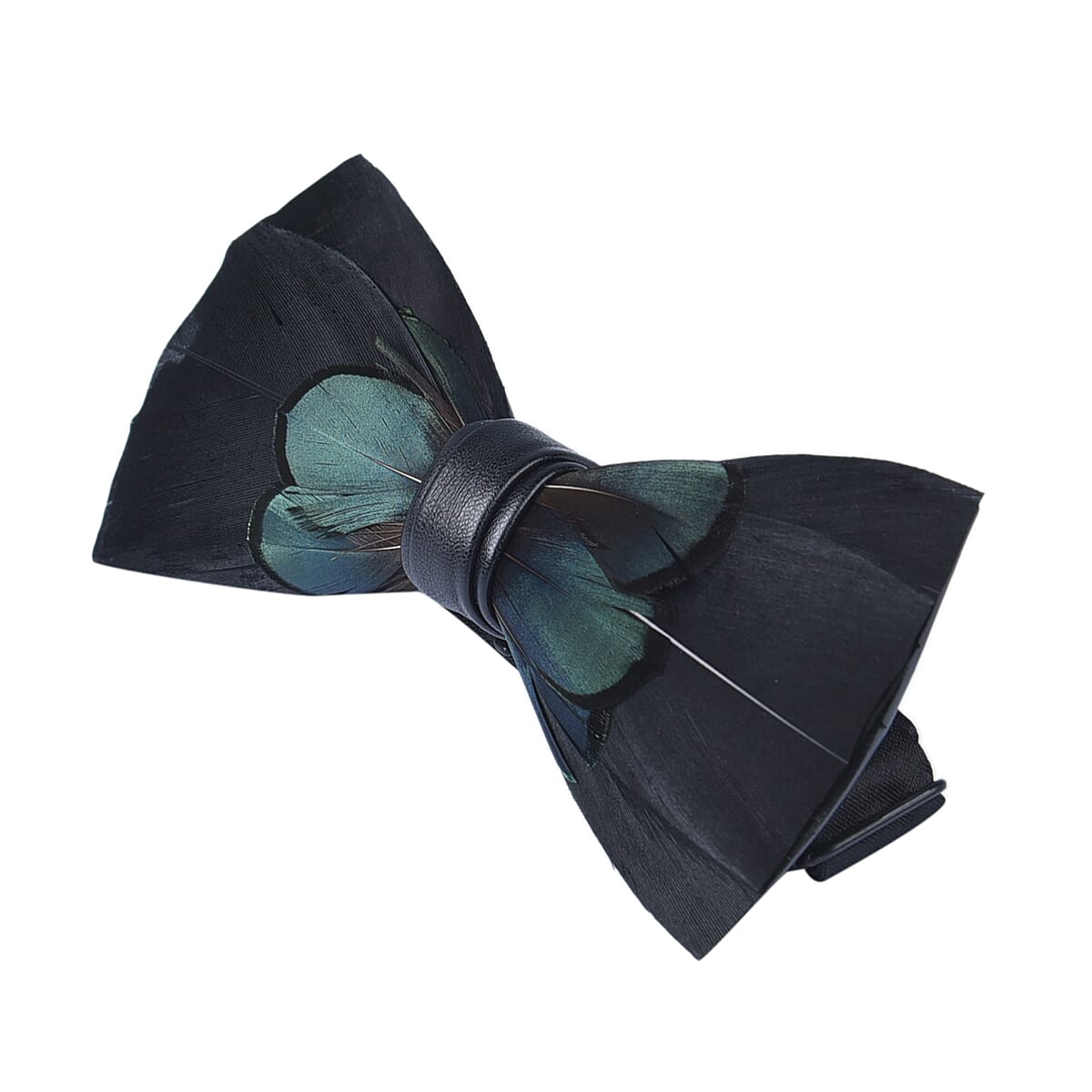 Black & Green Faux Leather Feather Bowtie image number 2