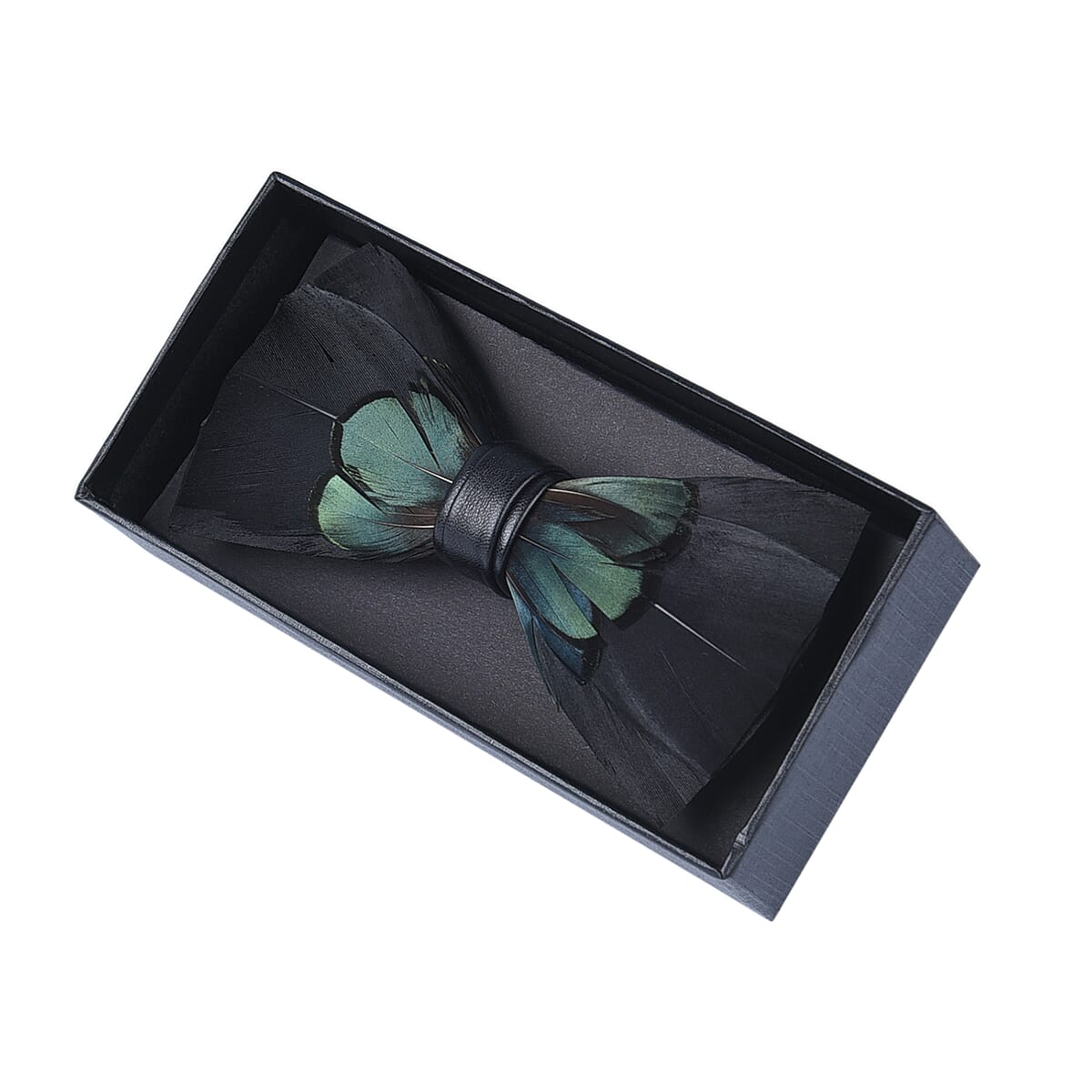 Black & Green Faux Leather Feather Bowtie image number 6