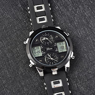 Genoa Miyota Japanese and Electronic Movement Multi-Functional Watch in Black Silicone Strap