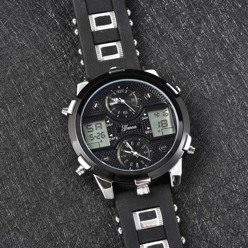 Genoa Miyota Japanese and Electronic Movement Multi-Functional Watch in Black Silicone Strap