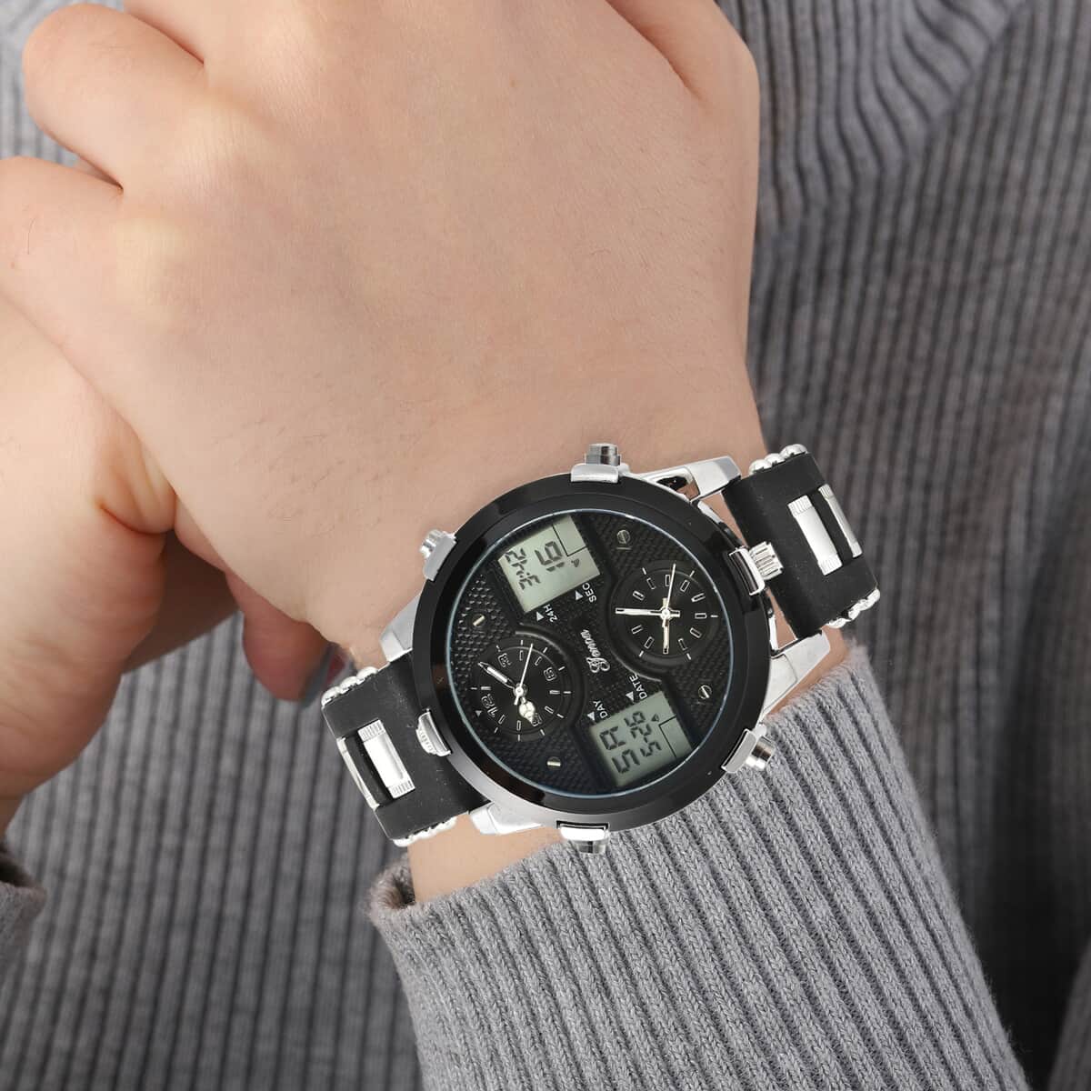 Genoa Miyota Japanese and Electronic Movement Multi-Functional Watch in Black Silicone Strap image number 2