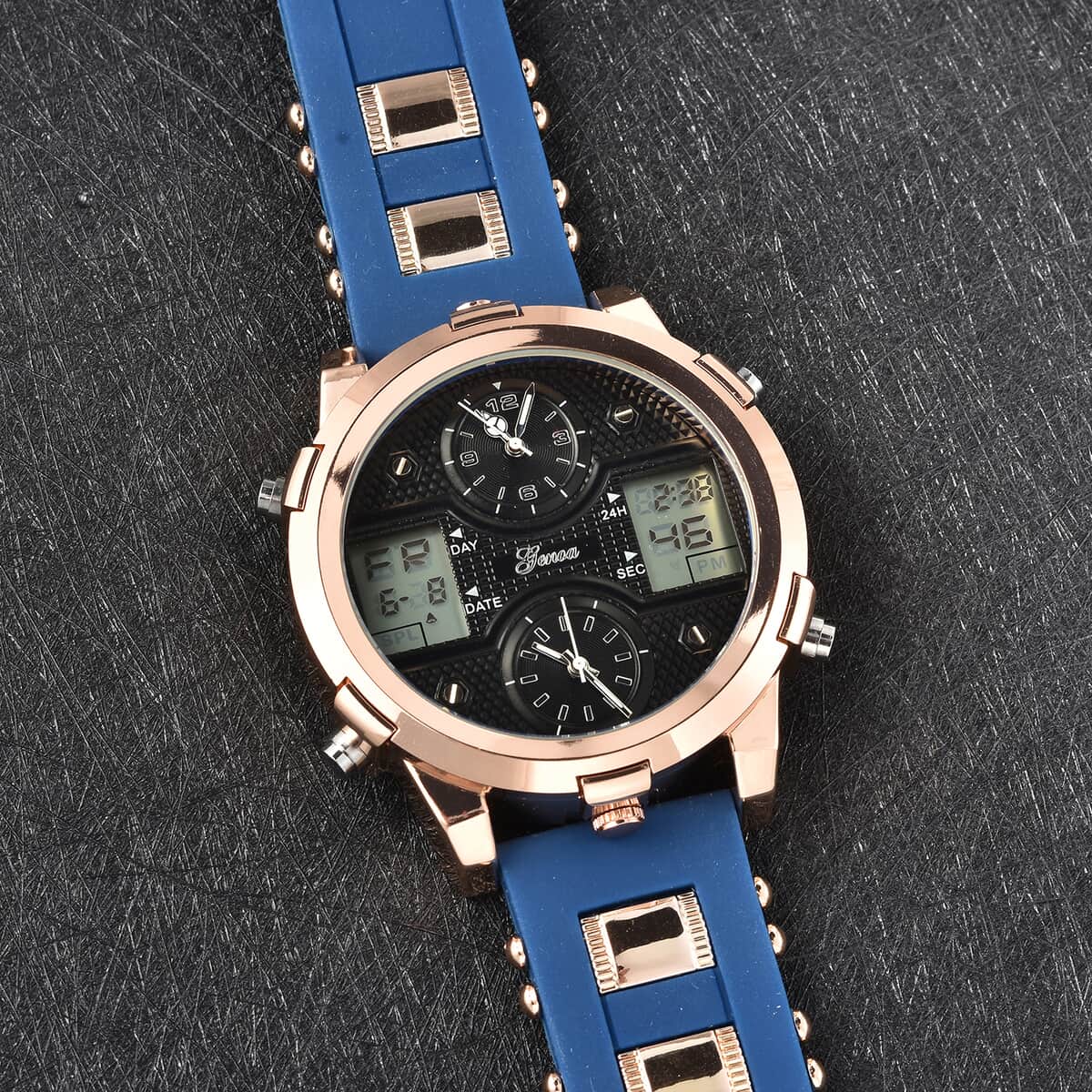 "Three movements watach,Case:steel color alloy case+black alloy ring+Multi-function button,Movement:double PC21S/Japan Movement+Electronics Movement,Brand:GENOA,Plated:IPS+IP black plating,D image number 1