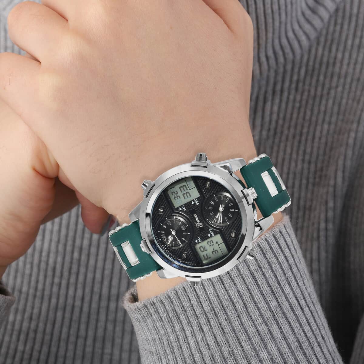 Genoa Miyota Japanese and Electronic Movement Multi Function Watch in Green Silicone Strap image number 2