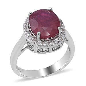 Niassa Ruby and White Zircon 7.75 ctw Ring in Platinum Over Sterling Silver (Size 5.5)