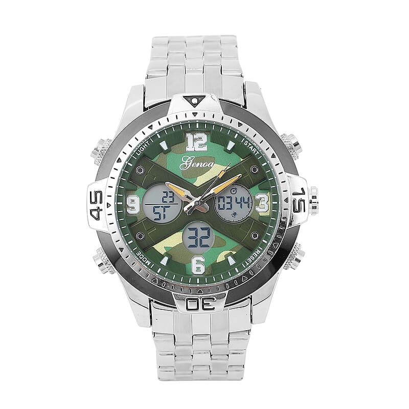 Genoa Japanese Movement Green Camo Dial Watch with Stainless Steel Strap