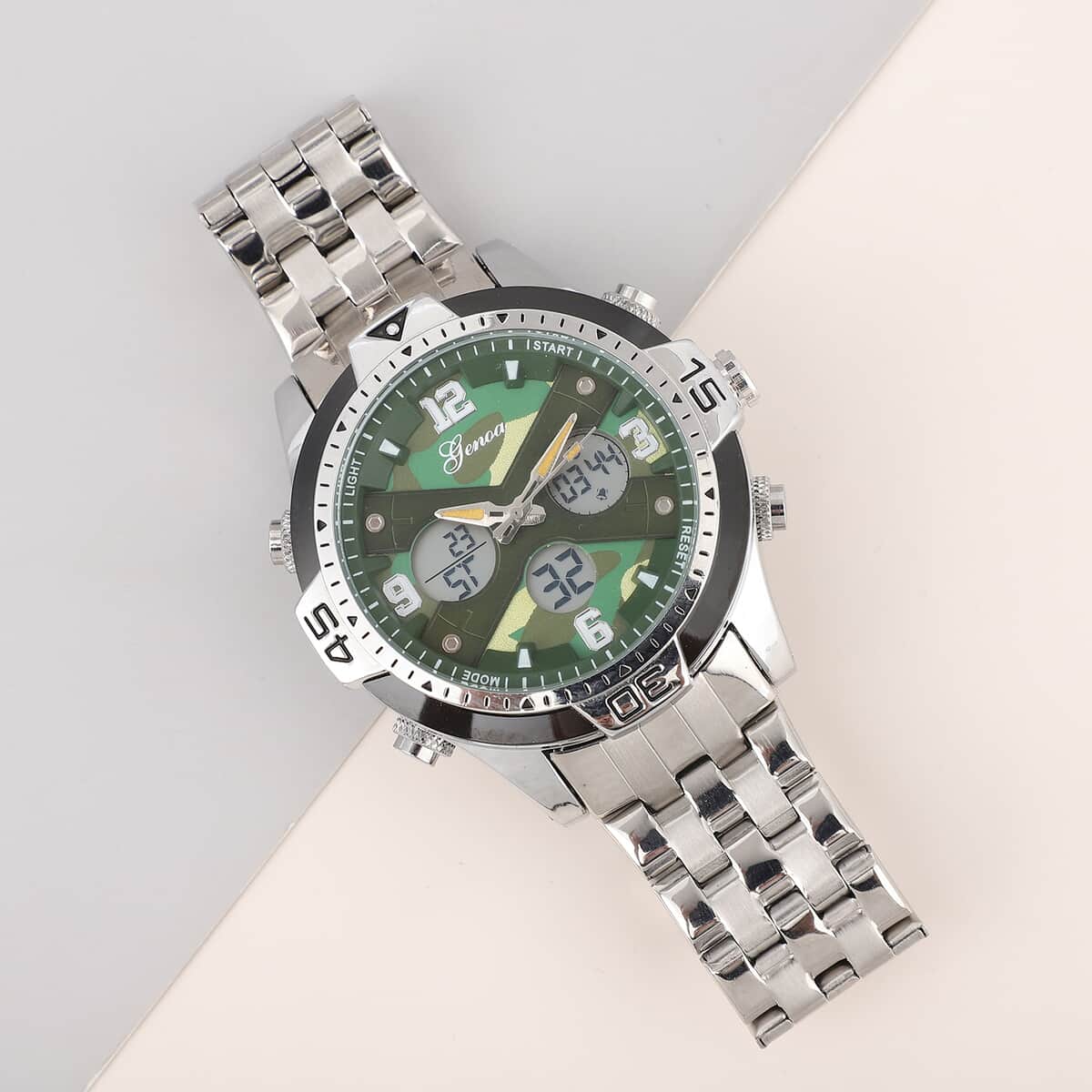 Genoa Japanese Movement Green Camo Dial Watch with Stainless Steel Strap image number 1