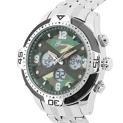 Genoa Japanese Movement Green Camo Dial Watch with Stainless Steel Strap
