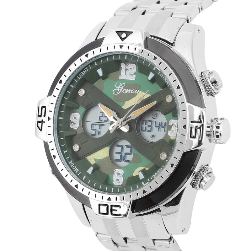 Genoa Japanese Movement Green Camo Dial Watch with Stainless Steel Strap