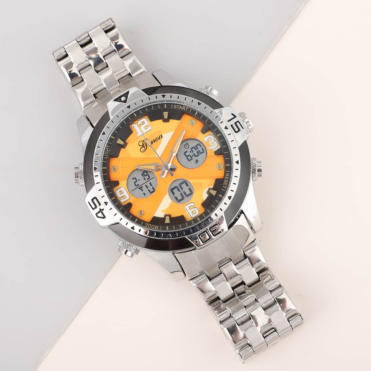 Genoa Japanese Movement Yellow Camo Dial Watch with Stainless Steel Strap image number 1