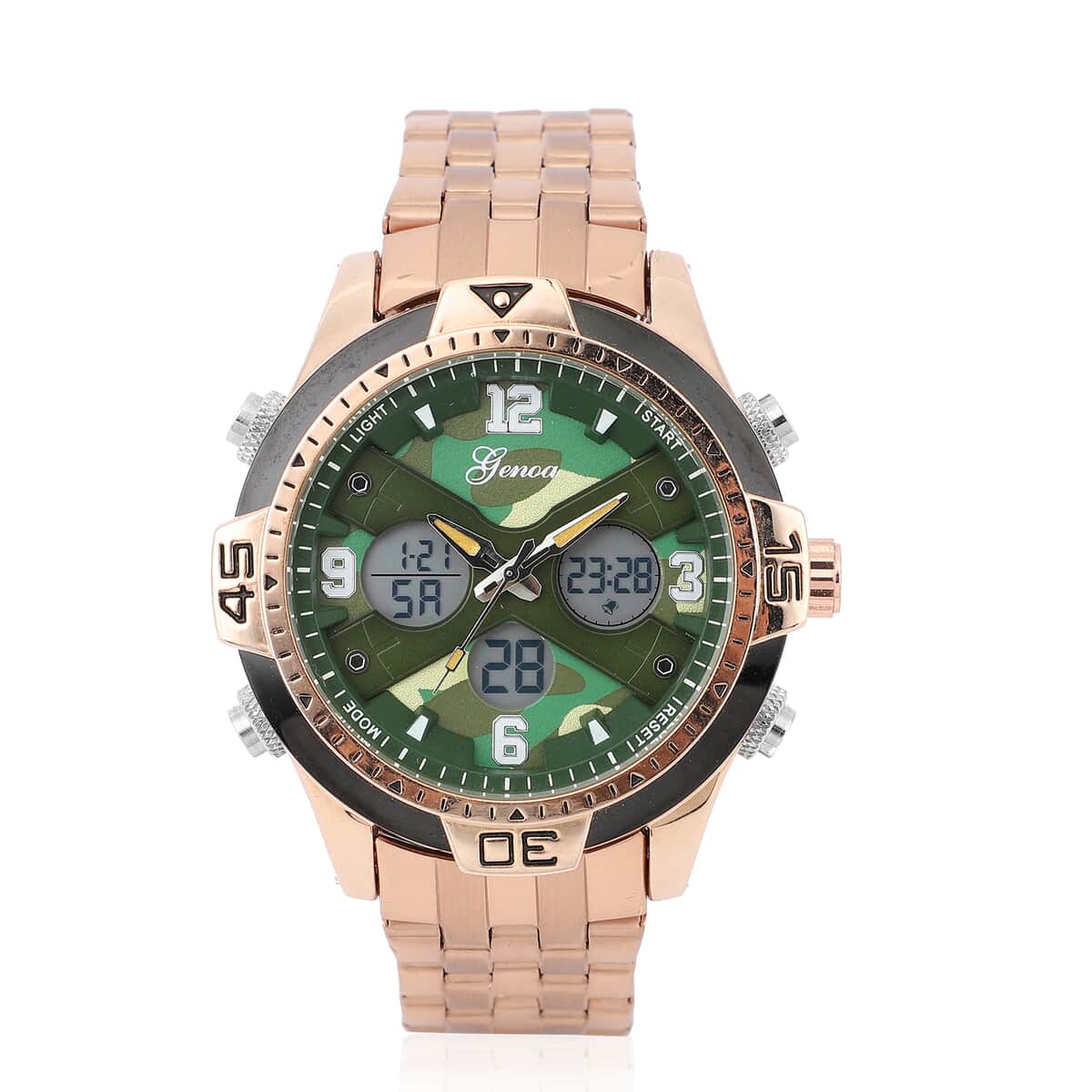 Genoa Japanese Movement Green Camo Dial Watch with ION Plated RG Over Stainless Steel Strap image number 0