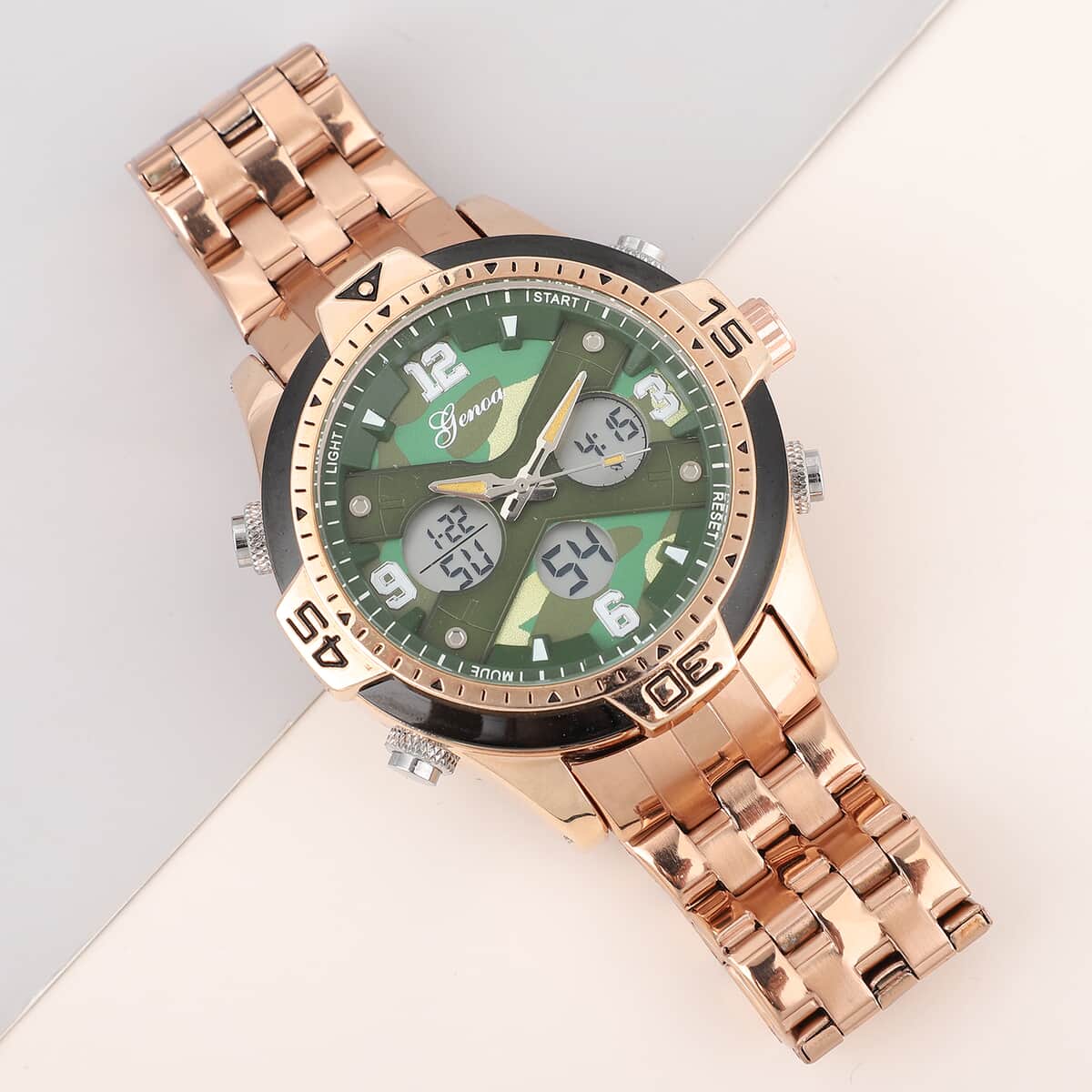 Genoa Japanese Movement Green Camo Dial Watch with ION Plated RG Over Stainless Steel Strap image number 1