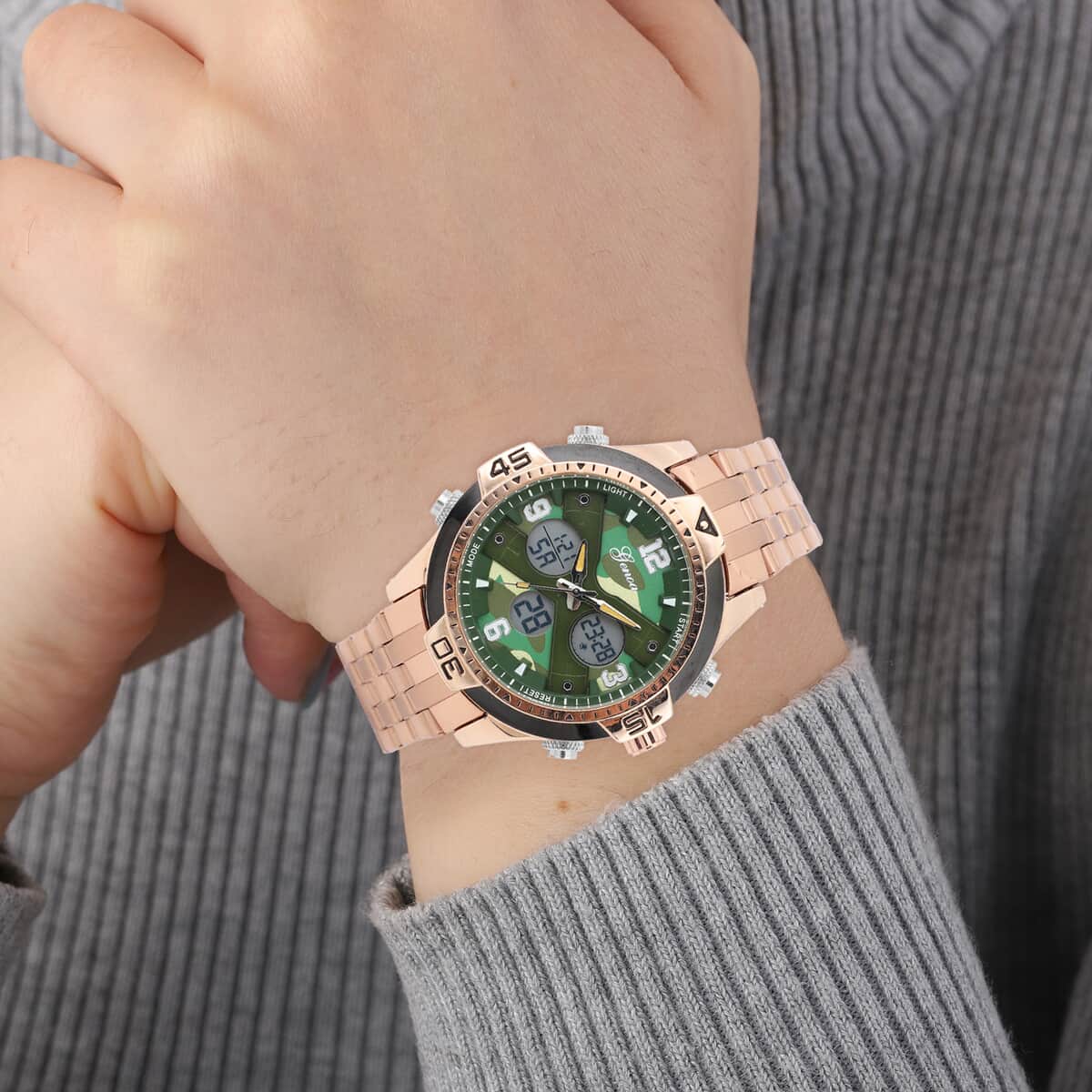 Genoa Japanese Movement Green Camo Dial Watch with ION Plated RG Over Stainless Steel Strap image number 2