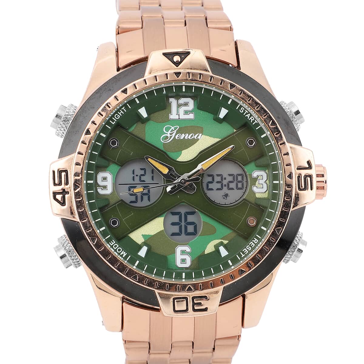 Genoa Japanese Movement Green Camo Dial Watch with ION Plated RG Over Stainless Steel Strap image number 3