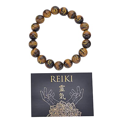 Yellow Tiger's Eye Seiheki Reiki Power Symbol Engraved Beaded Stretch Bracelet 147.00 ctw