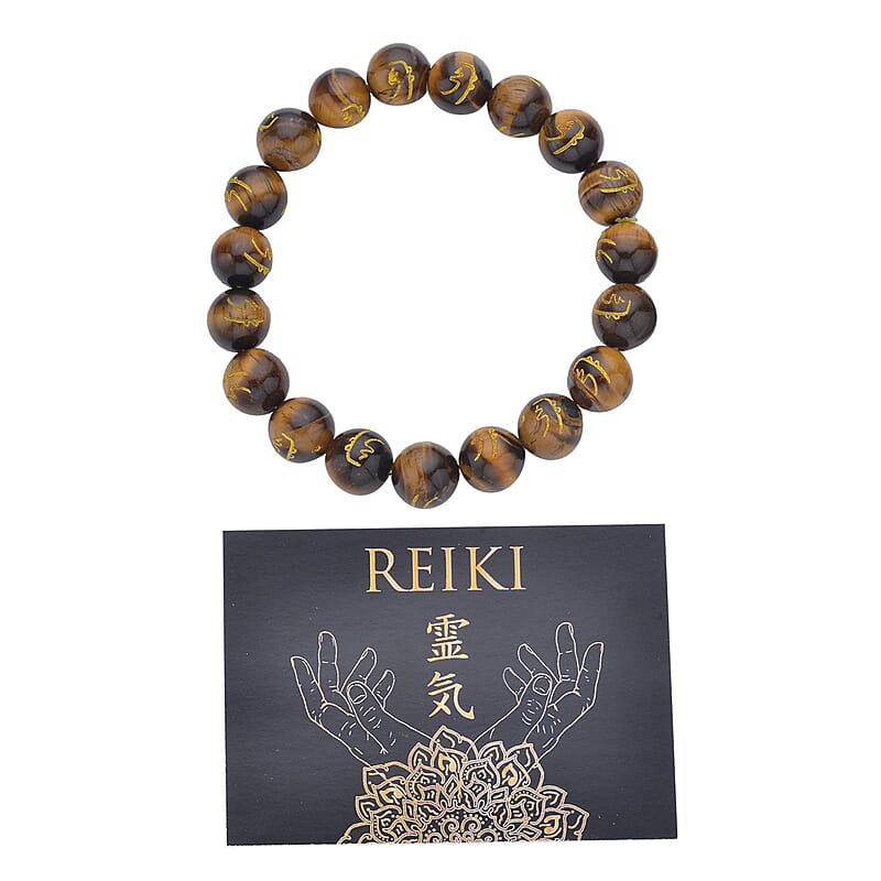 Yellow Tiger's Eye Seiheki Reiki Power Symbol Engraved Beaded Stretch Bracelet 147.00 ctw