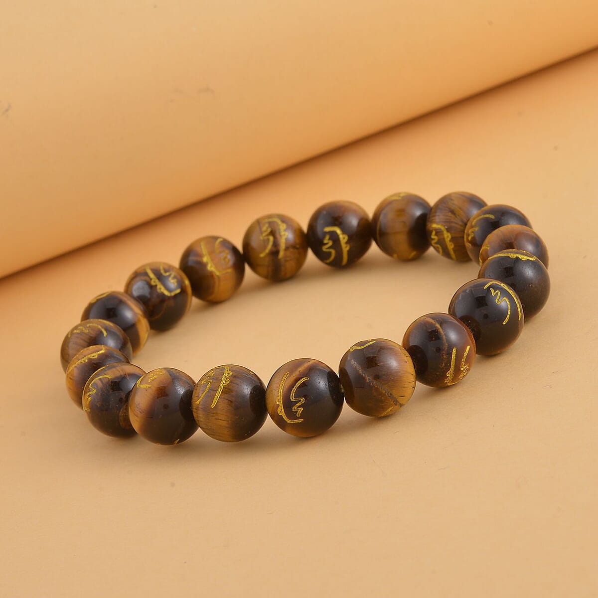 South African Yellow Tiger's Eye Seiheki Reiki Power Symbol Engraved Beaded Stretch Bracelet 147.00 ctw image number 1