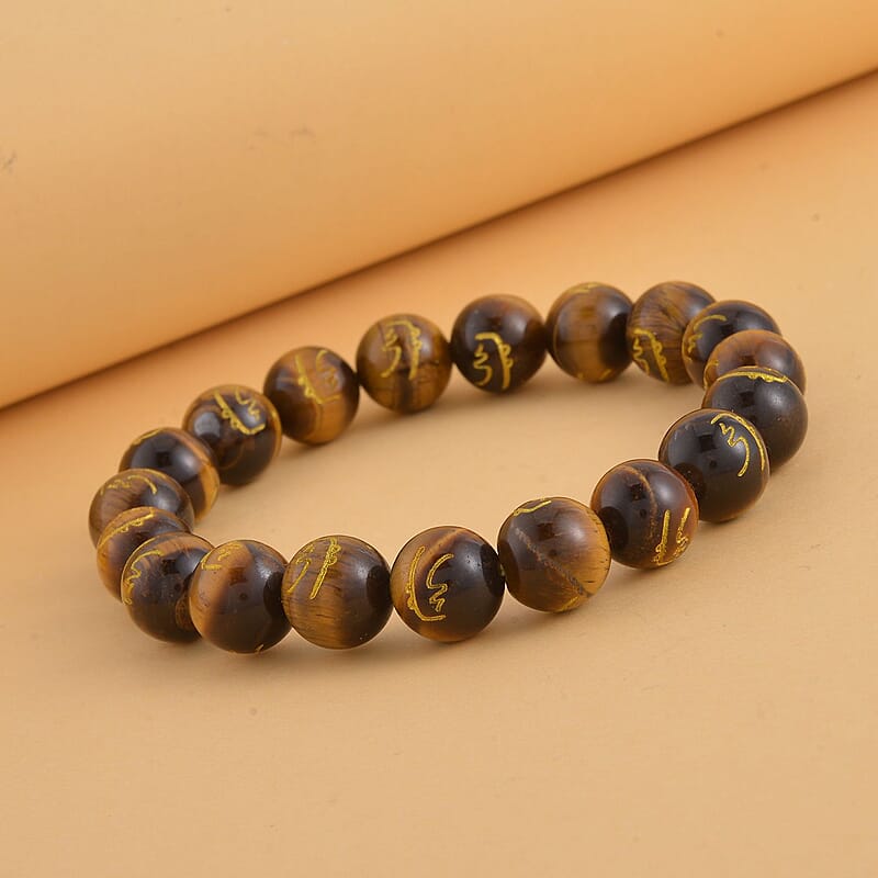 Yellow Tiger's Eye Seiheki Reiki Power Symbol Engraved Beaded Stretch Bracelet 147.00 ctw