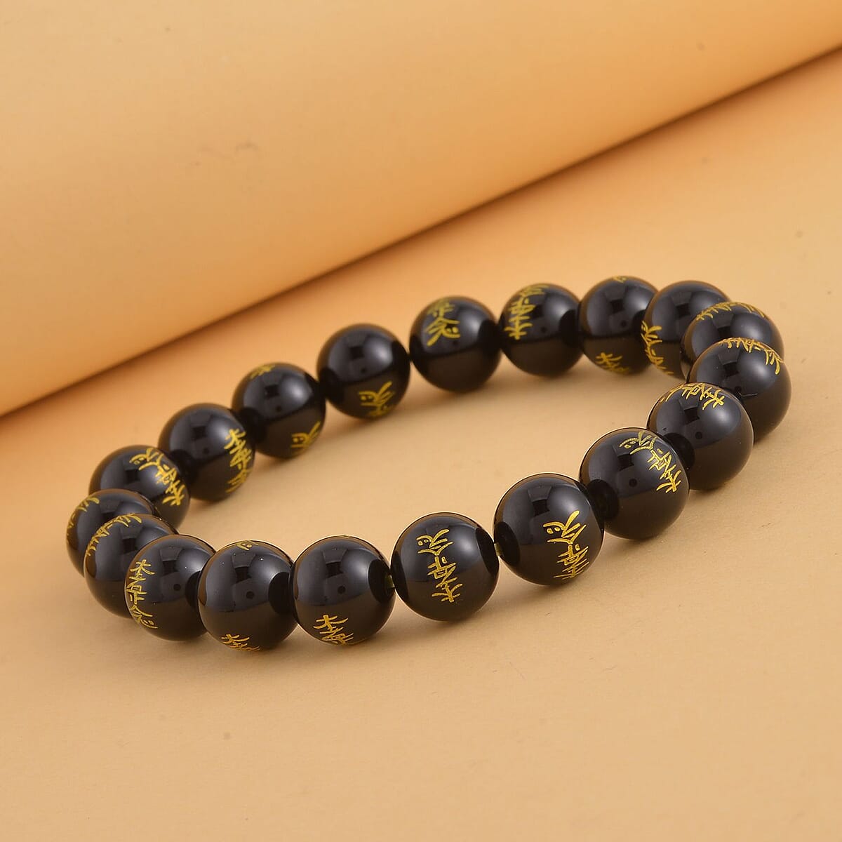 Black Obsidian Seiheki Reiki Power Symbol Engraved Beaded Stretch Bracelet 138.00 ctw image number 1