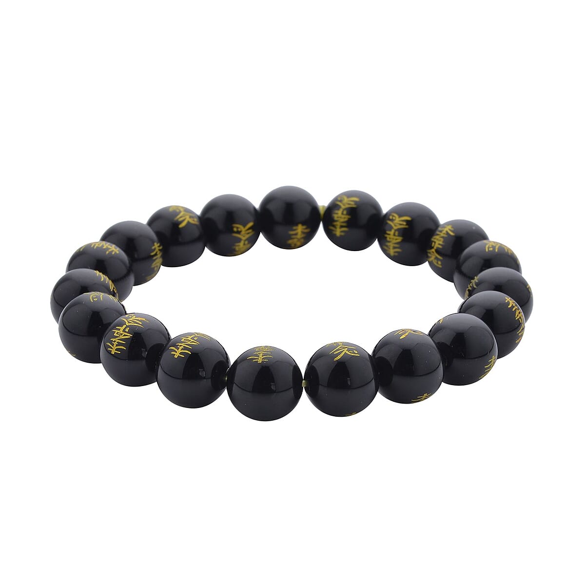 Black Obsidian Seiheki Reiki Power Symbol Engraved Beaded Stretch Bracelet 138.00 ctw image number 2