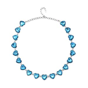 Aqua Blue Color Glass Heart Necklace 20-22 Inches in Silvertone