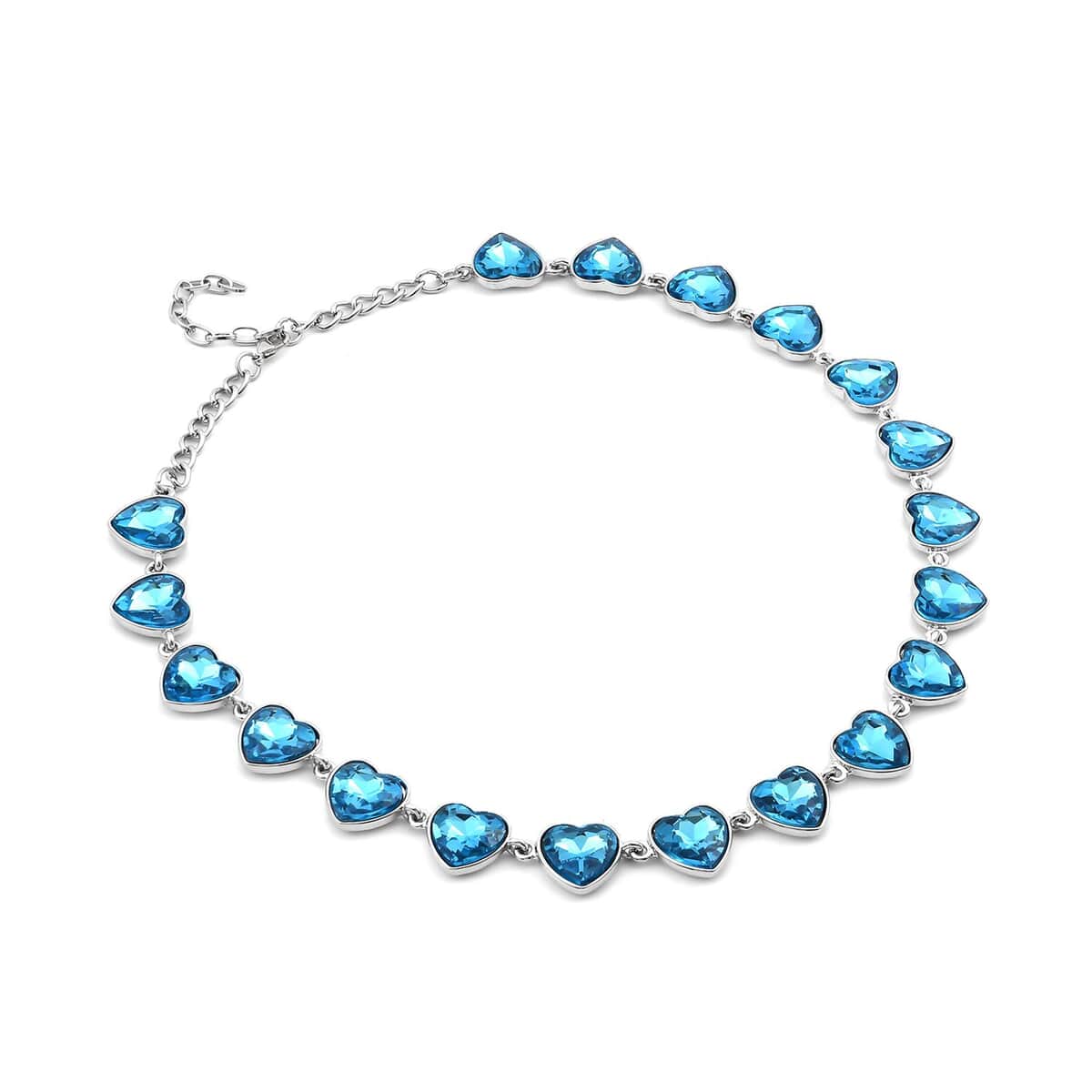 Aqua Blue Color Glass Heart Necklace 20-22 Inches in Silvertone image number 2