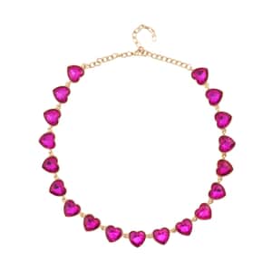 Fuchsia Color Glass Heart Necklace 20-22 Inches in Goldtone