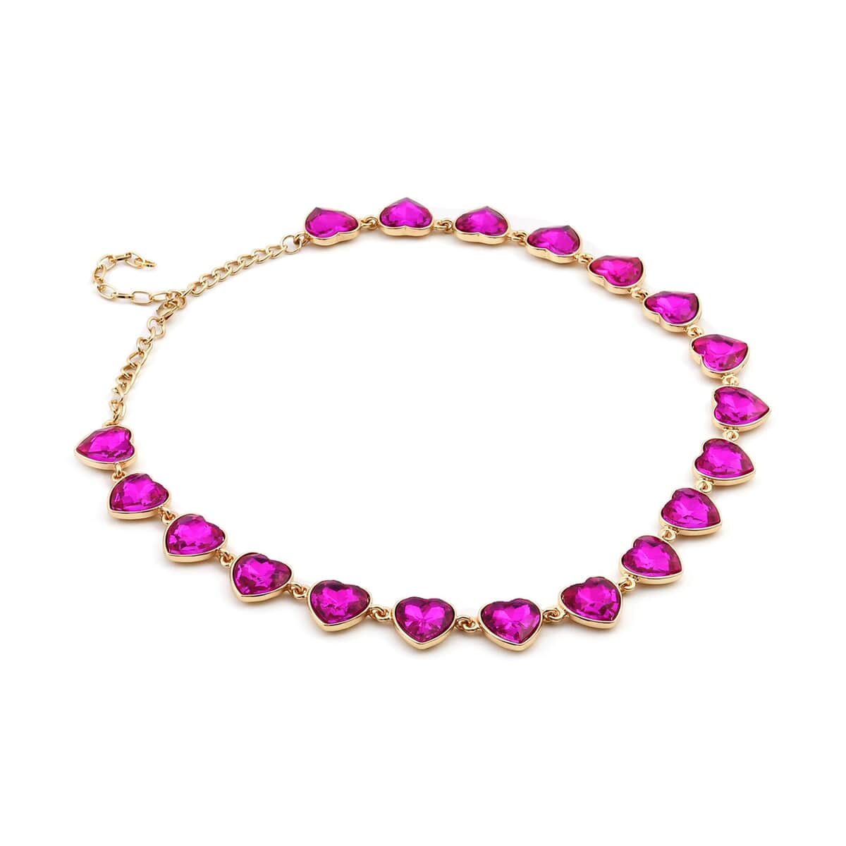 Fuchsia Color Glass Heart Necklace 20-22 Inches in Goldtone image number 2