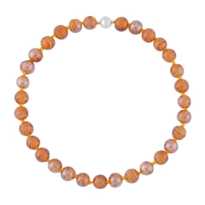 Champagne Color Murano Style Beaded Knotted Necklace with Magnetic Lock in Silvertone 20 Inches