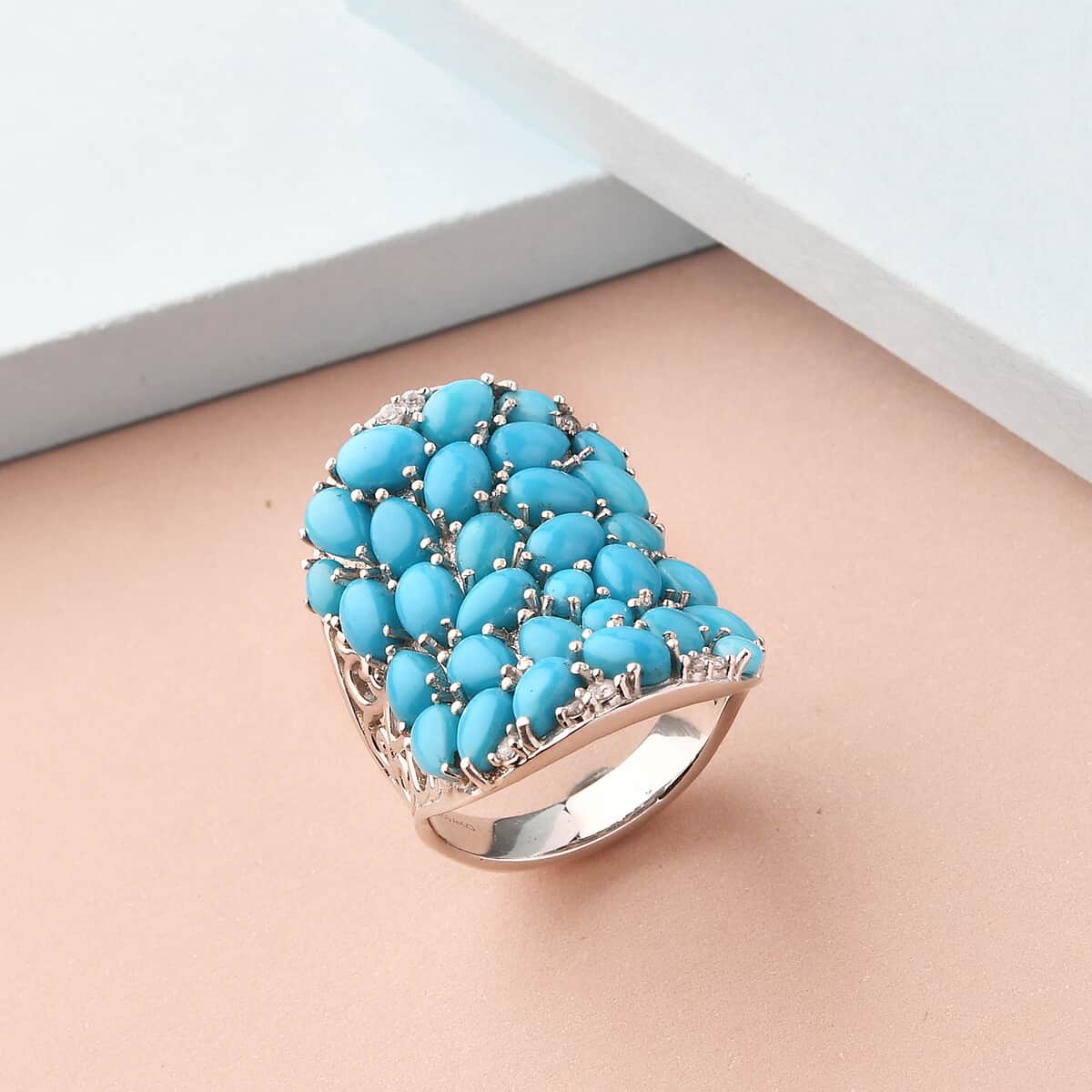 AMERICAN Natural Sleeping Beauty Turquoise and Natural White Zircon Ring in Platinum Over Sterling Silver 12.40 Grams 10.40 ctw image number 0