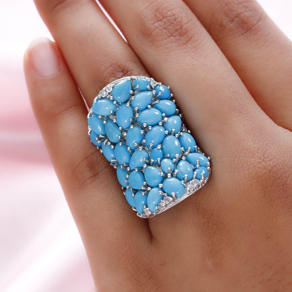 AMERICAN Natural Sleeping Beauty Turquoise and Natural White Zircon Ring in Platinum Over Sterling Silver 12.40 Grams 10.40 ctw image number 2