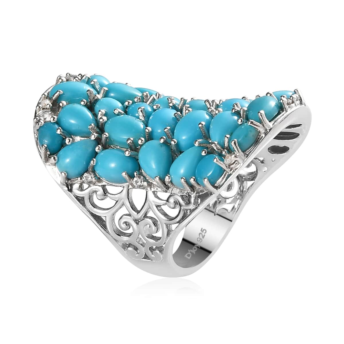 AMERICAN Natural Sleeping Beauty Turquoise and Natural White Zircon Ring in Platinum Over Sterling Silver 12.40 Grams 10.40 ctw image number 3