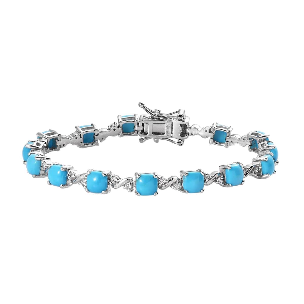 Sleeping Beauty Turquoise and White Zircon Link Bracelet in Platinum Over Sterling Silver (6.50 In) 8.85 ctw image number 0